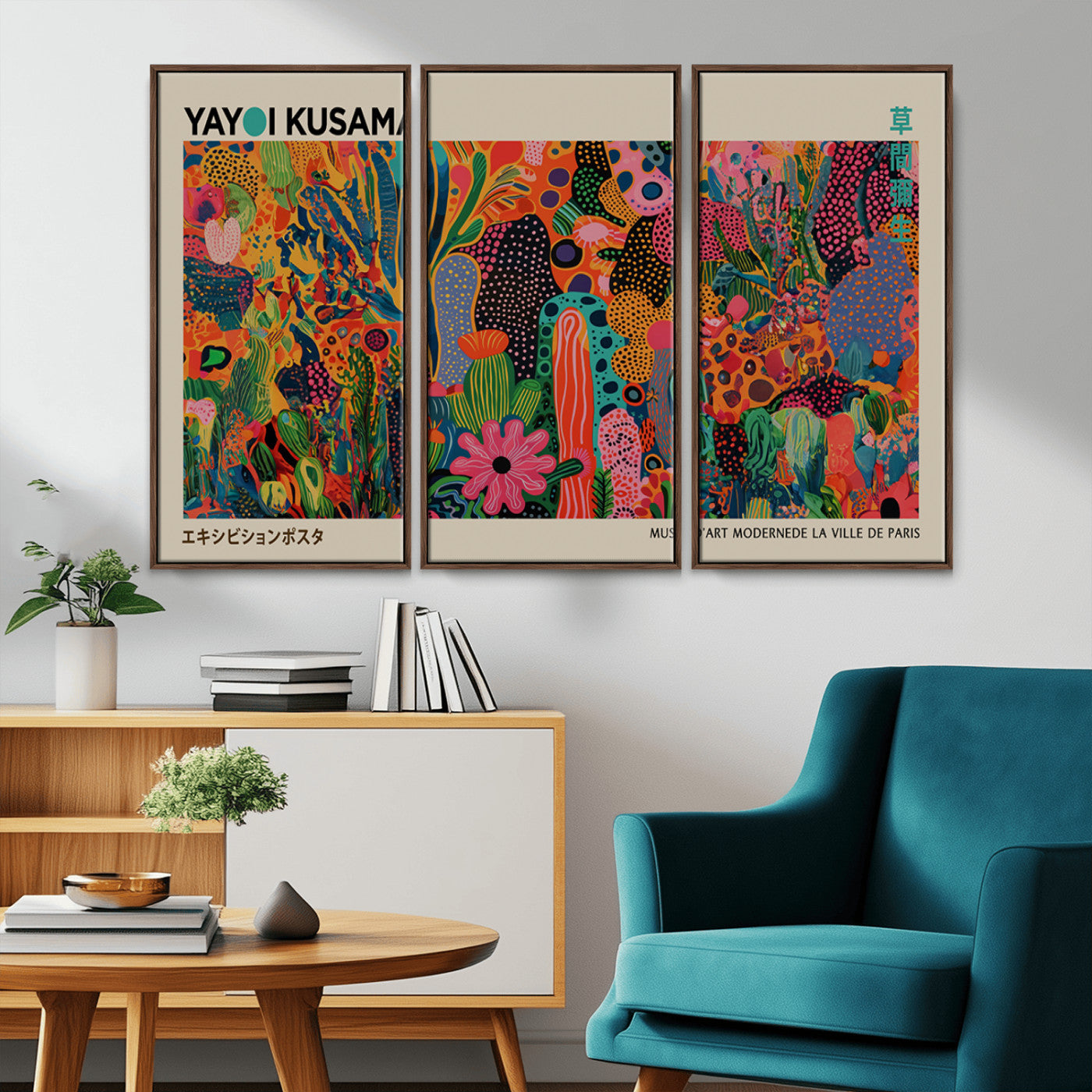 24116-MGV-FC-48X32-3P_Walnut-Framed Yayoi Kusama 1986 Wall Art Print – Japanese Wall Art Print, Wabi Sabi Yayoi Kusama Print -