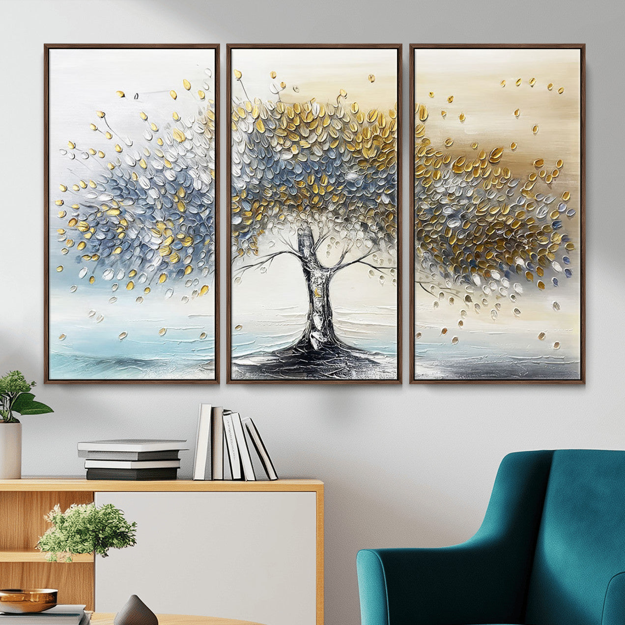 MGV-FC-48X32-3P - Golden & Silver Tree of Life Wall Art – Canvas Print with Whimsical Leaves Elegant Nature Design, Decorative Home, Office or Guest Room Decor