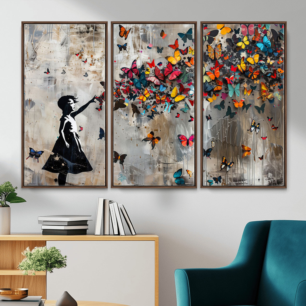 51446-MGV-CV-36X24 - Banksy Butterfly Girl Wall Art | 3-Piece Butterfly Girl Canvas