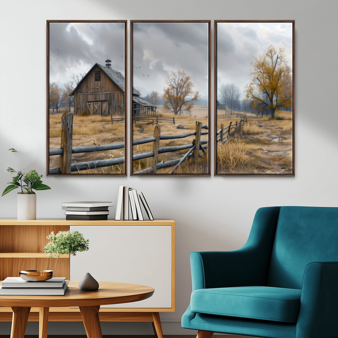 Farm1-MGV-CV-36X24-Rustic Autumn Farmhouse Wall Art Canvas Print – Serene Countryside Scene with Weathered Barn and