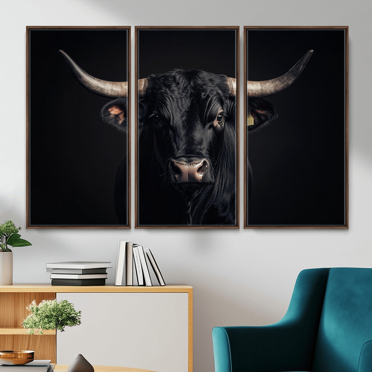 MGV-FC-48X32-3P - Black Bull Wall Art – Framed Horned Bull Canvas Artwork, Western Cattle Design, Rustic Ranch Style Decor for Home, Office
