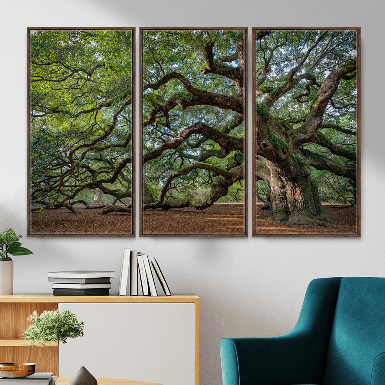 MGV-FC-48X32-3P - Ancient Oak Tree Wall Art – Canvas Print of Expansive Branches Lush Green Canopy, Tranquil Landscape, Majestic Nature Decor for Home or Office
