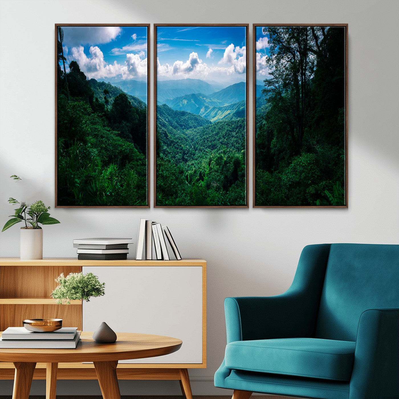 Canvas of a misty tropical jungle with vibrant greenery and layered blue mountains, ideal for exotic nature-themed wall décor.
