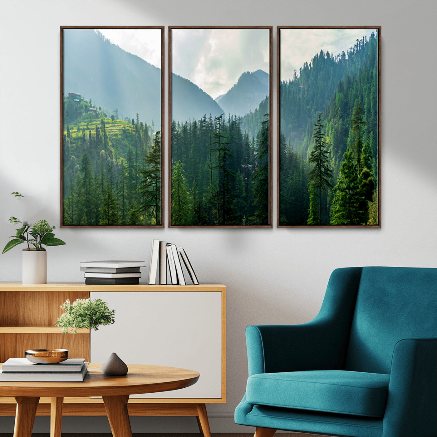 83417191-MGV-FC-48X32-3P_Walnut-Misty Forest Mountain Canvas Print – Serene Nature Wall Art, Tranquil Valley