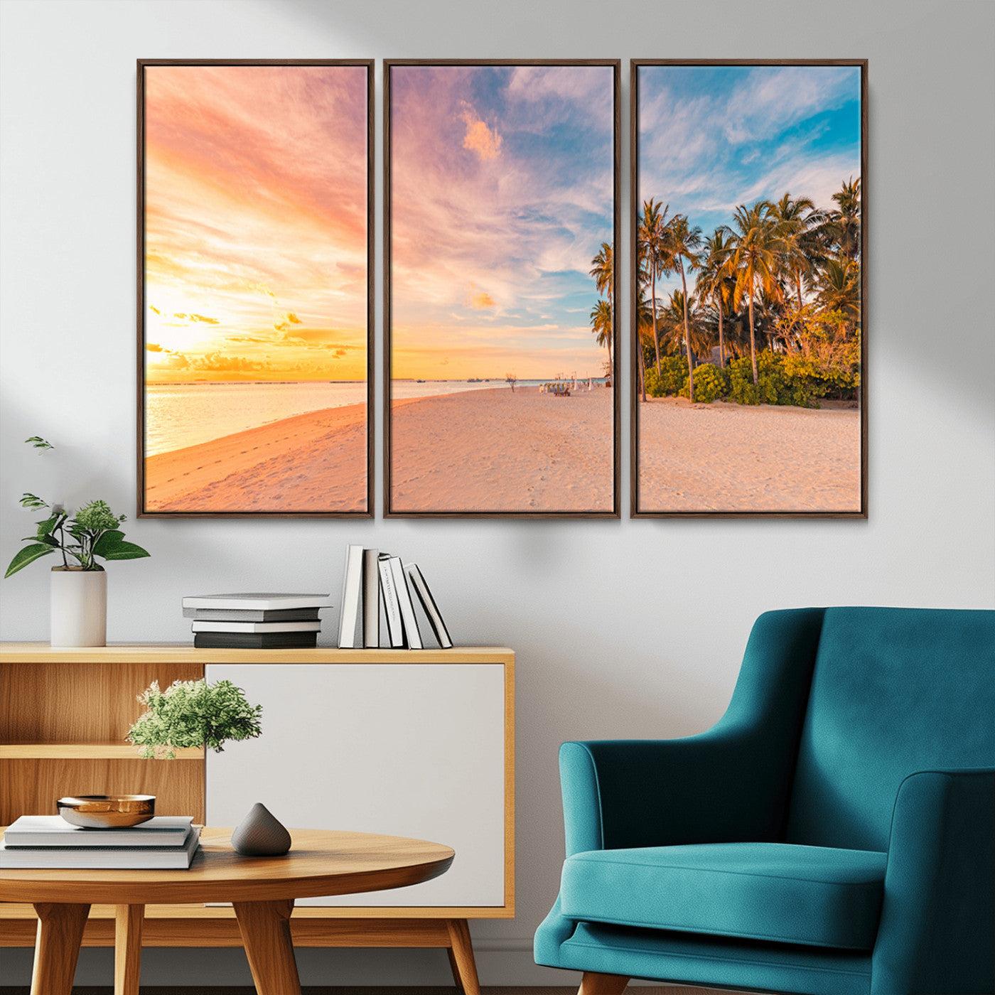 Tropical beach canvas with palm trees and soft sunset tones, ideal for coastal or beach-style home décor in warm pastel hues.