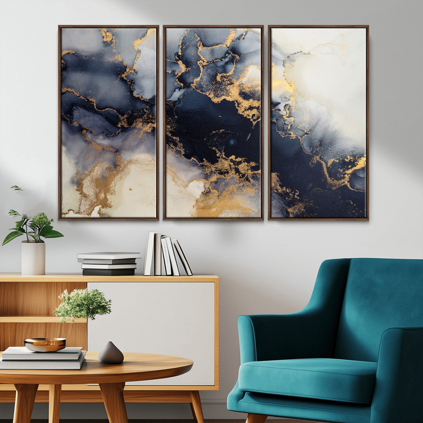 41136487-MGV-CV-48X32-3P-Black Marble Wall Art Canvas Print – Framed Abstract Gold Veins Elegant Luxury Design Decor for Home, Office