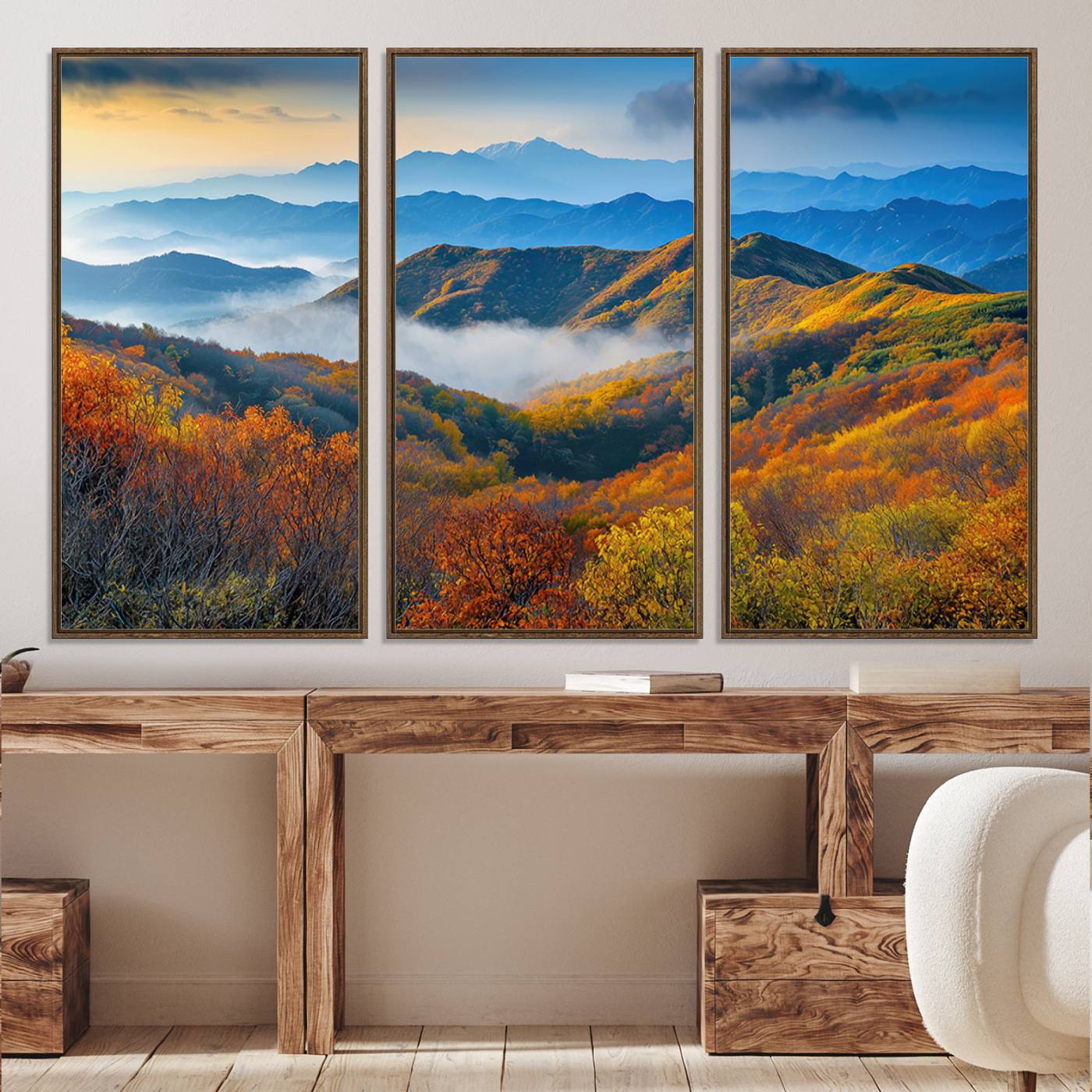 -Autumn Mountains Wall Art Canvas Print, Autumn Mountain Foggy Landscape Wall Art Canvas Print,