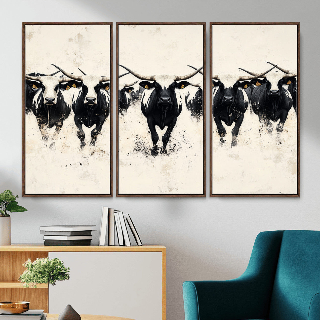 MGV-FC-48X32-3P - Longhorn Cattle Wall Art – Canvas Print of Herd in Motion, Symmetry and Ink Splatter, Minimalist Western Ranch, Bold Rustic Farm Decor
