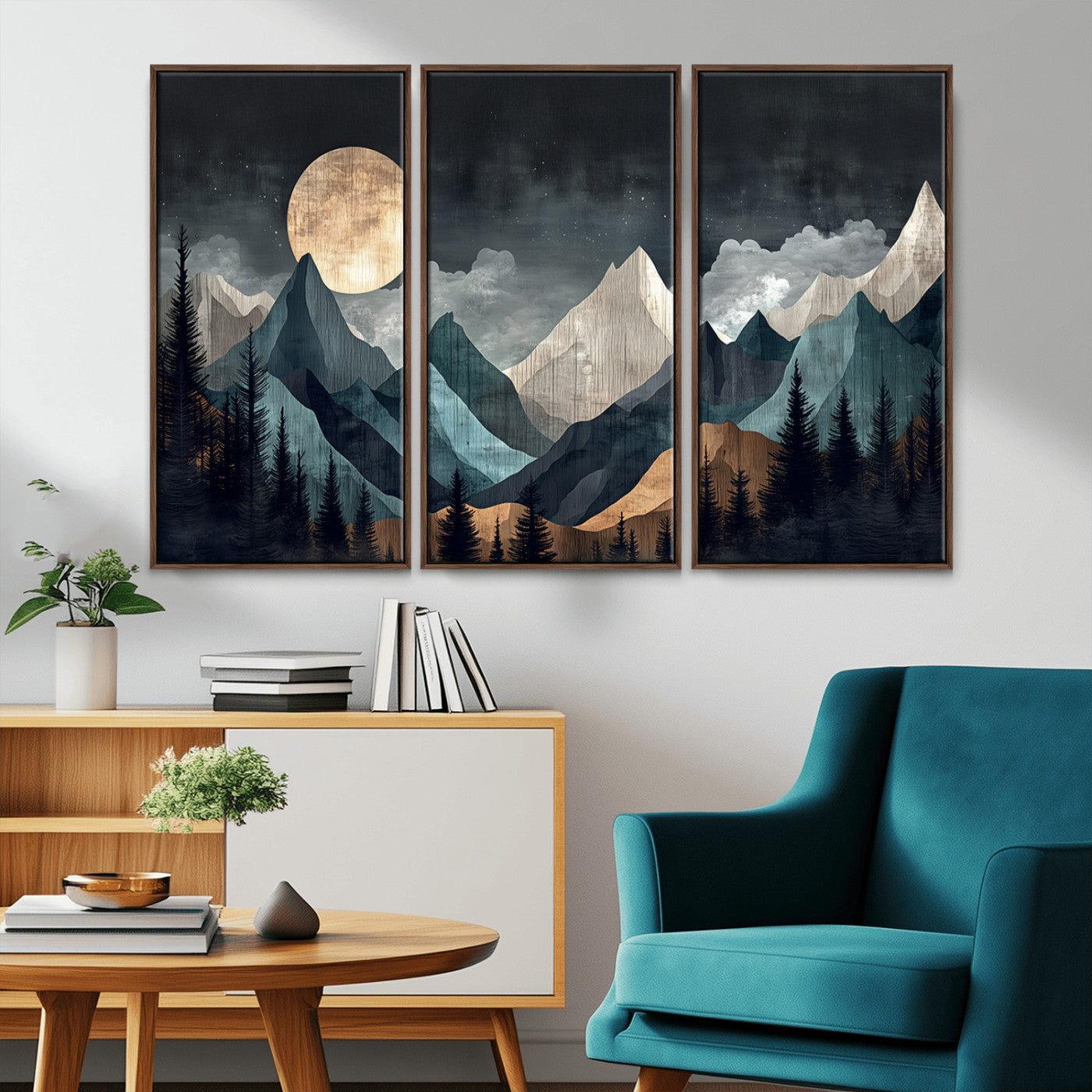 11060882-MGV-CV-36X24-Moonlit Mountain Wall Art Canvas Print – Silhouetted Pines Layered Peaks Tranquil Sky Mist Silver Light Nature Artwork for Home