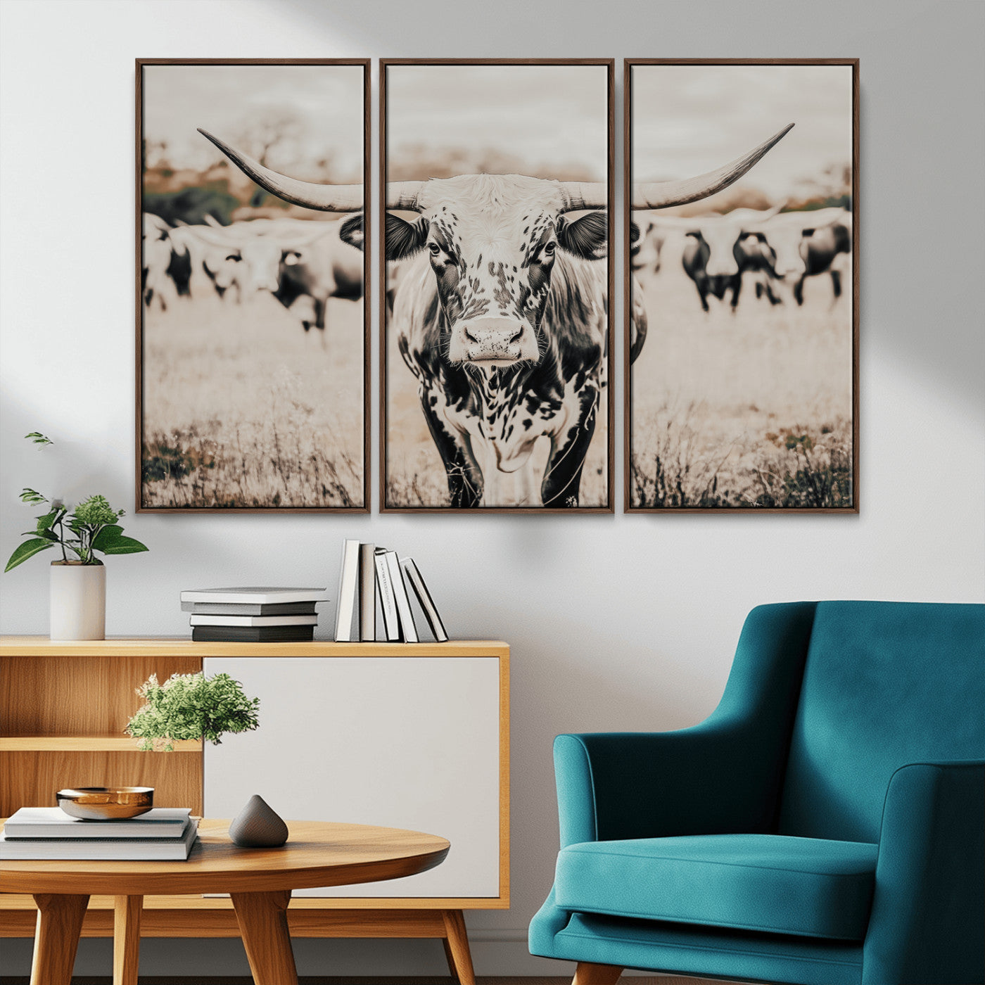 27497342-MGV-CV-36X24-Texas Longhorn Wall Art Canvas Print – Framed Speckled Bull Horned Cattle Rustic Western Artwork for Home Office
