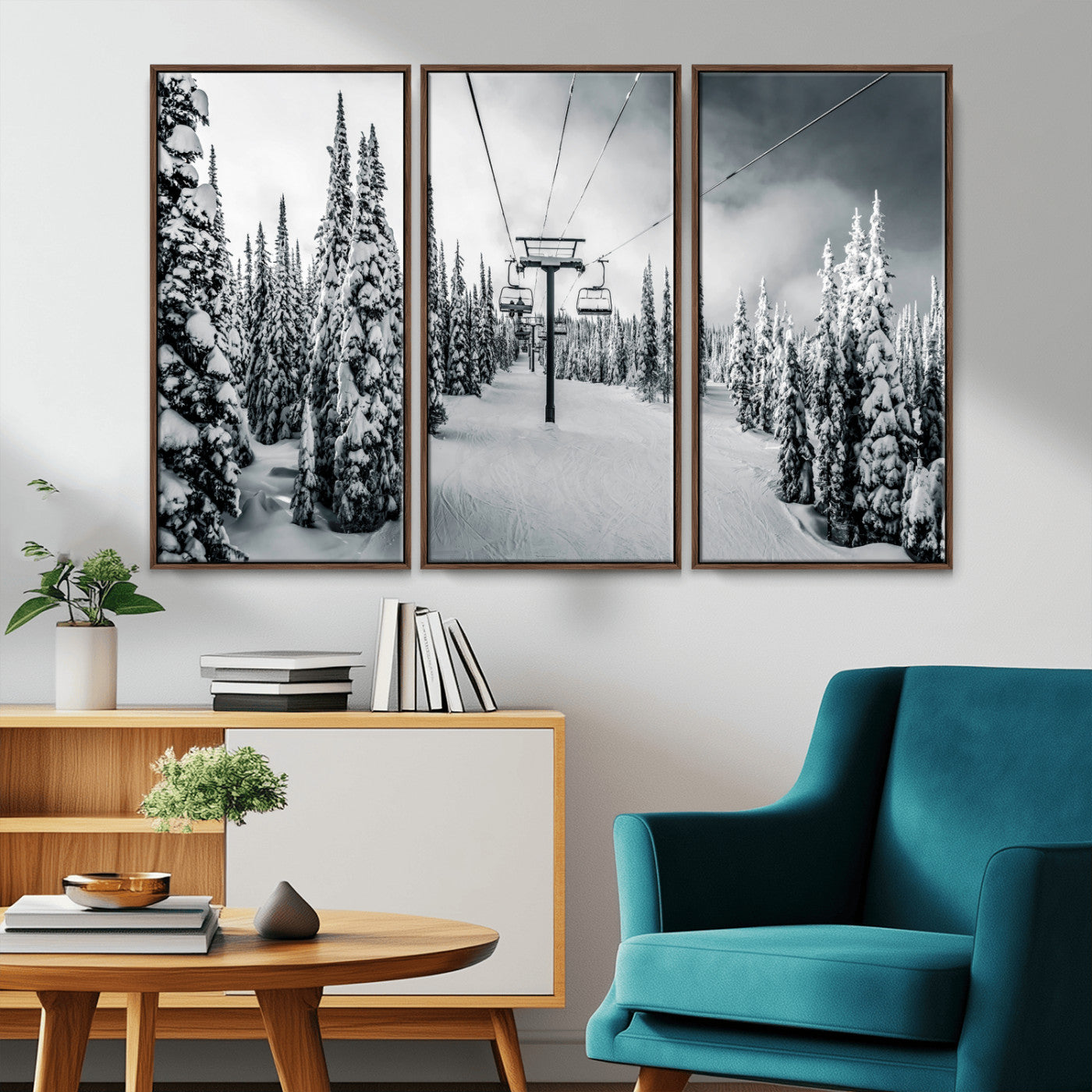 31156828-MGV-CV-36X24-Snowy Pines Wall Art Canvas Print – Framed Ski Lift Winter Forest Snowy Landscape Moody Lodge Artwork for Home, Office