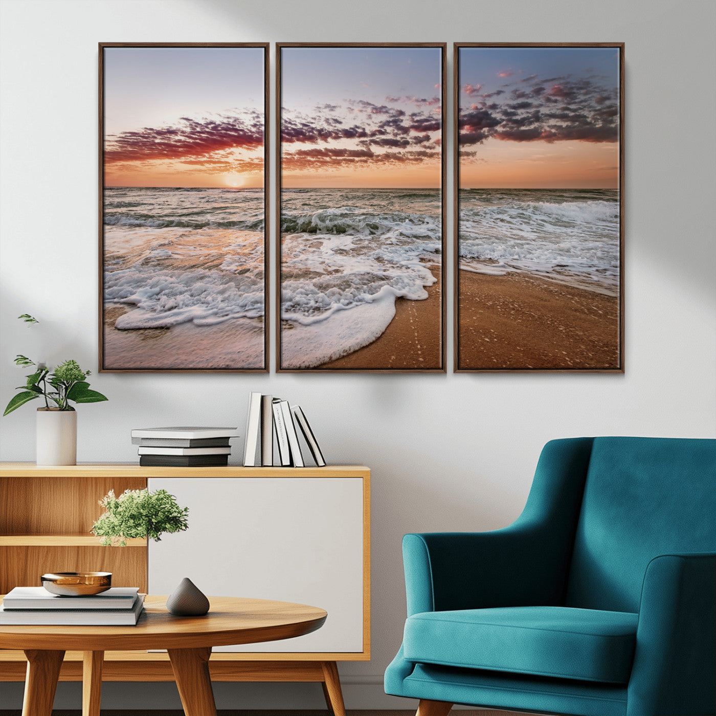 39846389-MGV-CV-36X24-Ocean Sunset Wall Art Canvas Print – Framed Sandy Shore Gentle Waves Coastal Landscape Minimalist Artwork for Home, Office