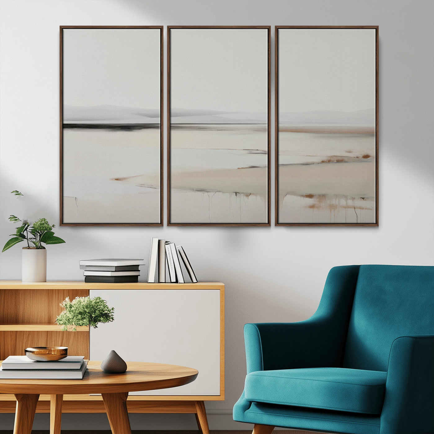 89410095-MGV-CV-36X24-Minimalist Landscape Wall Art Canvas Print – Framed Soft Horizon Abstract Seascape Earthy Tones Artwork for Home Office