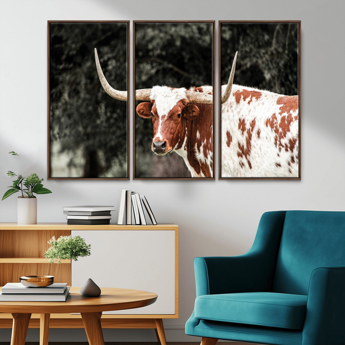 54027638-MGV-CV-36X24-Texas Longhorn Wall Art Canvas Print – Framed Spotted Bull Horned Cattle Rustic Western Decor Artwork for Home, Office