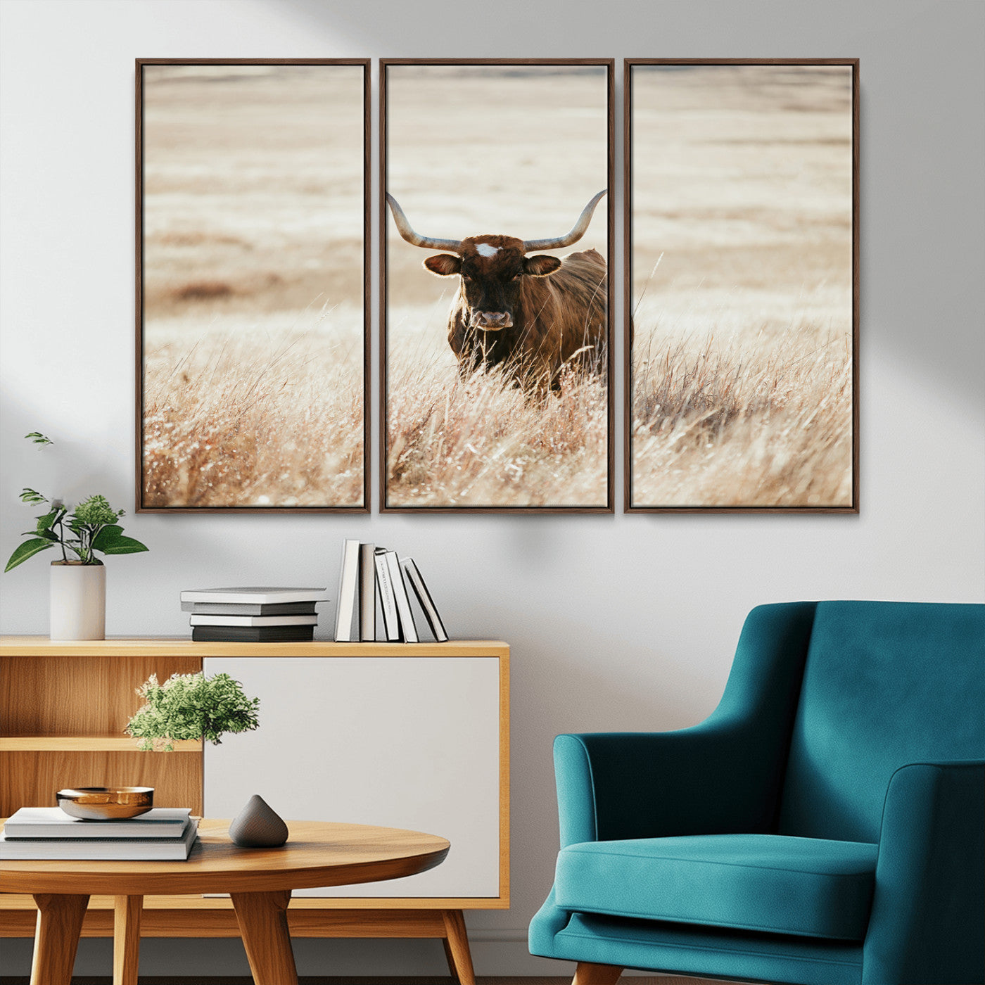 -Texas Longhorn Wall Art Canvas Print, Framed Brown Cattle Art Picture Print, Horned Bull Perfect Rustic Western Decor Artwork