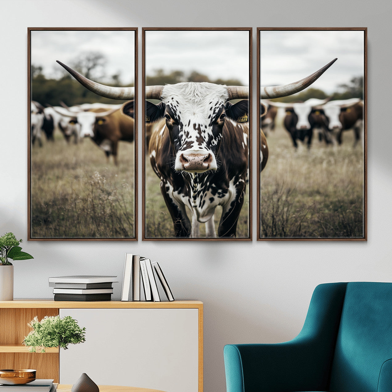 MGV-FC-48X32-3P - Majestic Longhorn Cow Wall Art – Canvas Print of Intricate Fur & Sharp Horns Earthy Tones Serene Landscape, Rustic Charm Decor for Living Room, Office or Bedroom