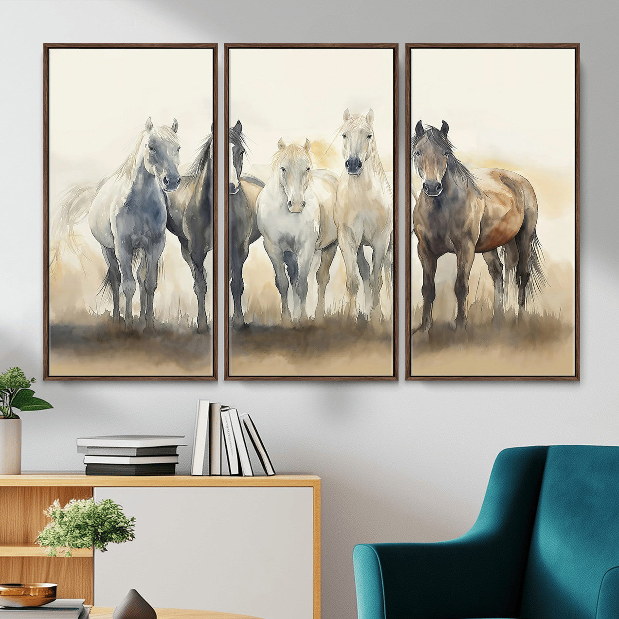 MGV-FC-48X32-3P - Wild Horses Wall Art Canvas Print, Framed Running Horses Art Picture Print, Watercolor Horses Perfect Rustic Western Decor Artwork