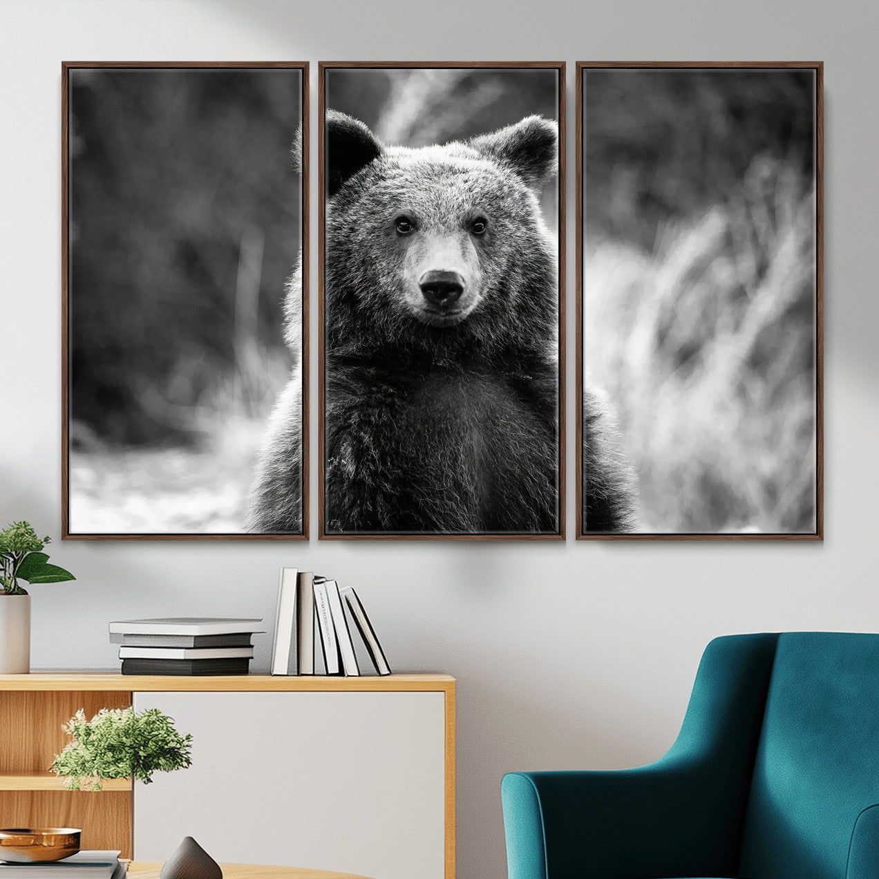 55656803-MGV-CV-36X24-Grizzly Bear Wall Art Canvas Print – Framed Black White Wildlife Rustic Nature Artwork for Home, Office Decor
