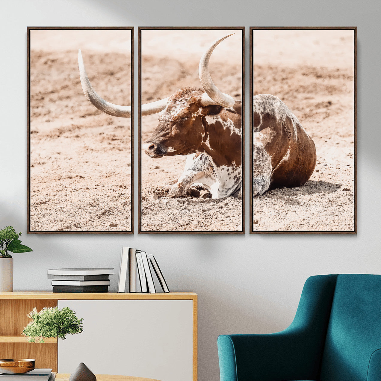 91248682-MGV-CV-36X24-Texas Longhorn Wall Art Canvas Print – Framed Resting Bull Scene with Spotted Cattle Artwork for Home, Office