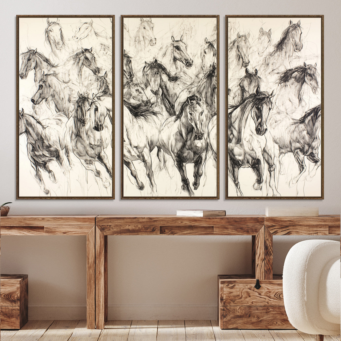 19433417-MGV-CV-36X24-Running Horses Wall Art Canvas Print – Framed Galloping Herd Dynamic Equestrian Sketch Nature Artwork for Home Office