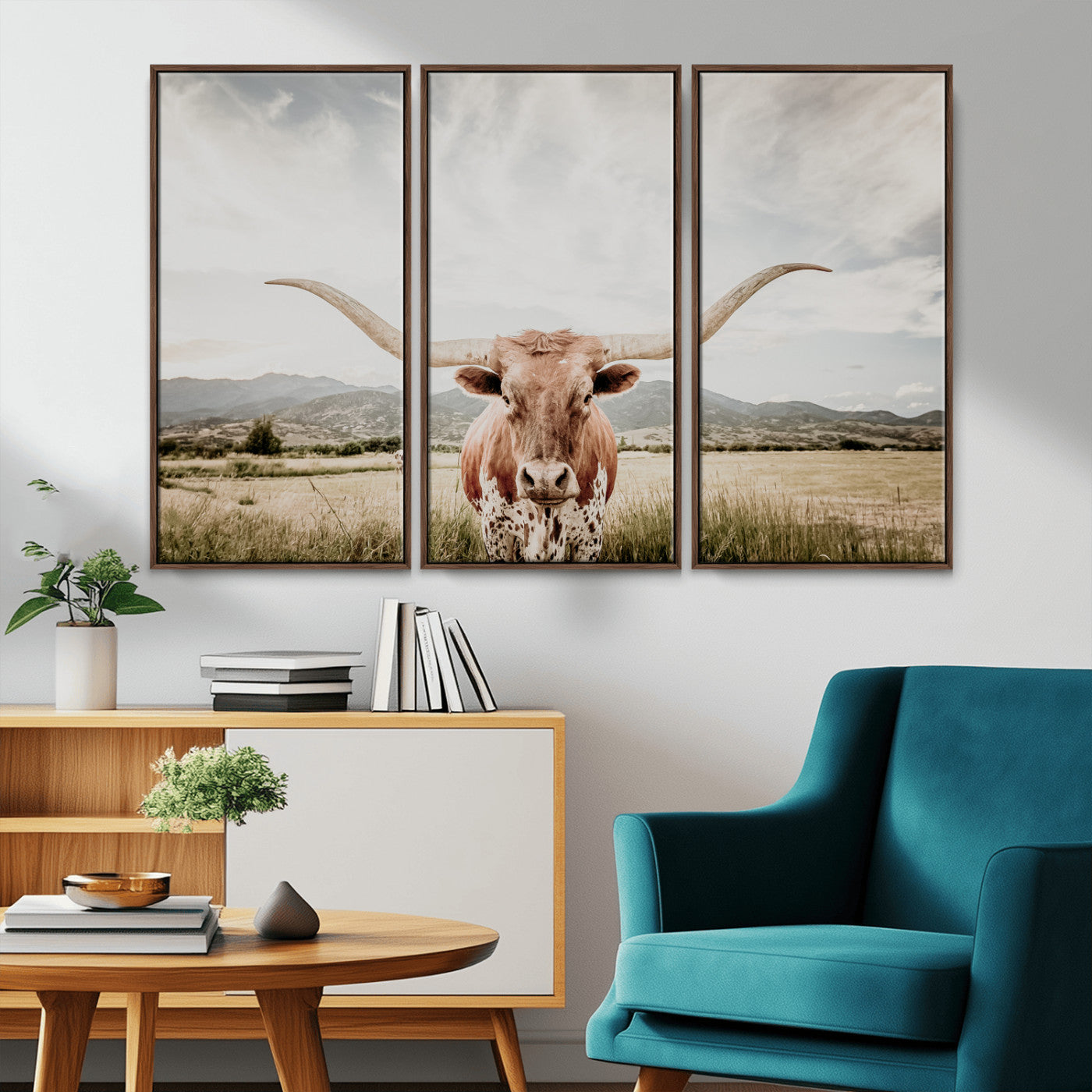 80054319-MGV-CV-36X24-Texas Longhorn Wall Art Canvas Print – Framed Western Cow Scene with Rustic Farmhouse Artwork for Home, Office