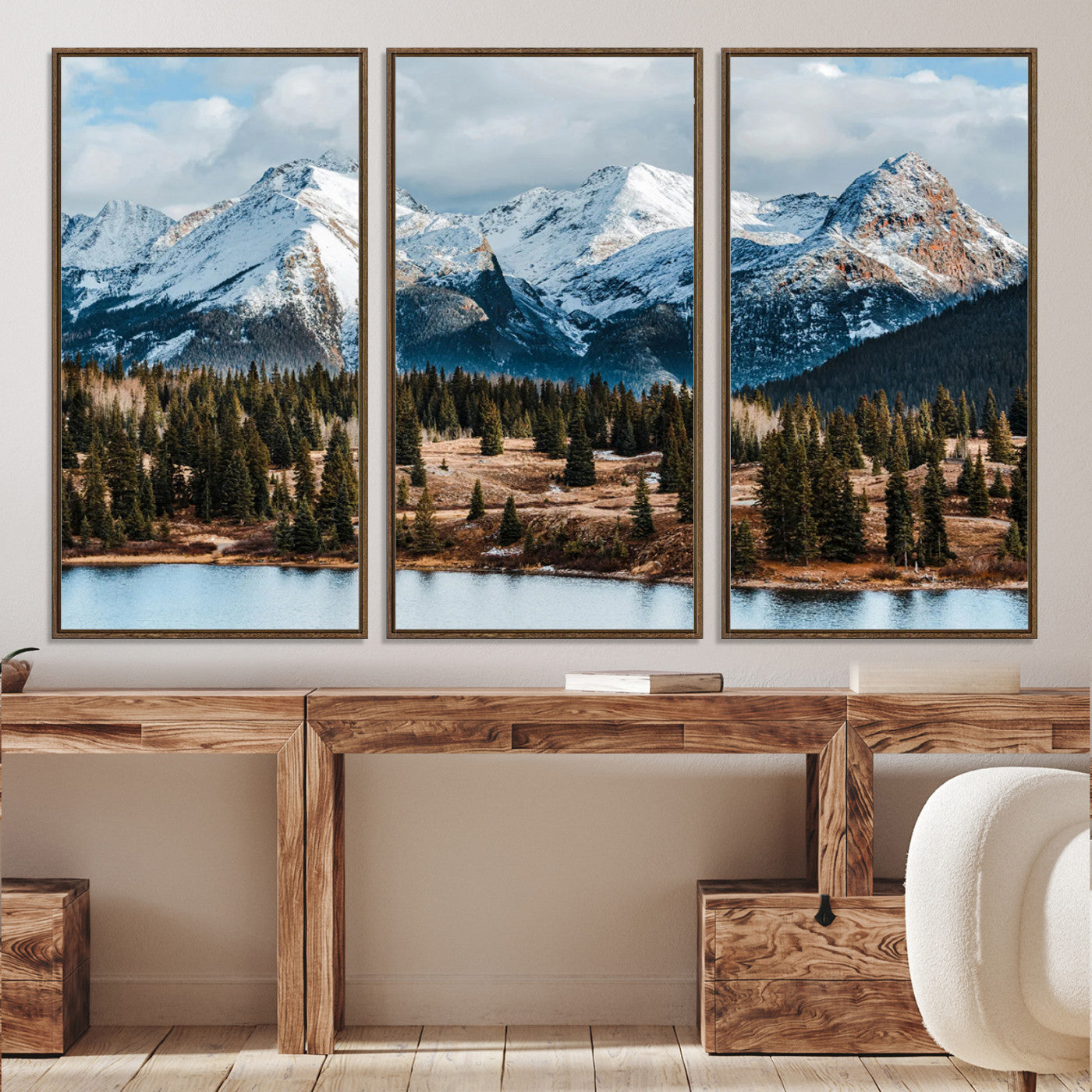 -Snowy Peaks Wall Art Canvas Print, Framed Alpine Lake Art Picture Print, Pine Forest Perfect Alpine