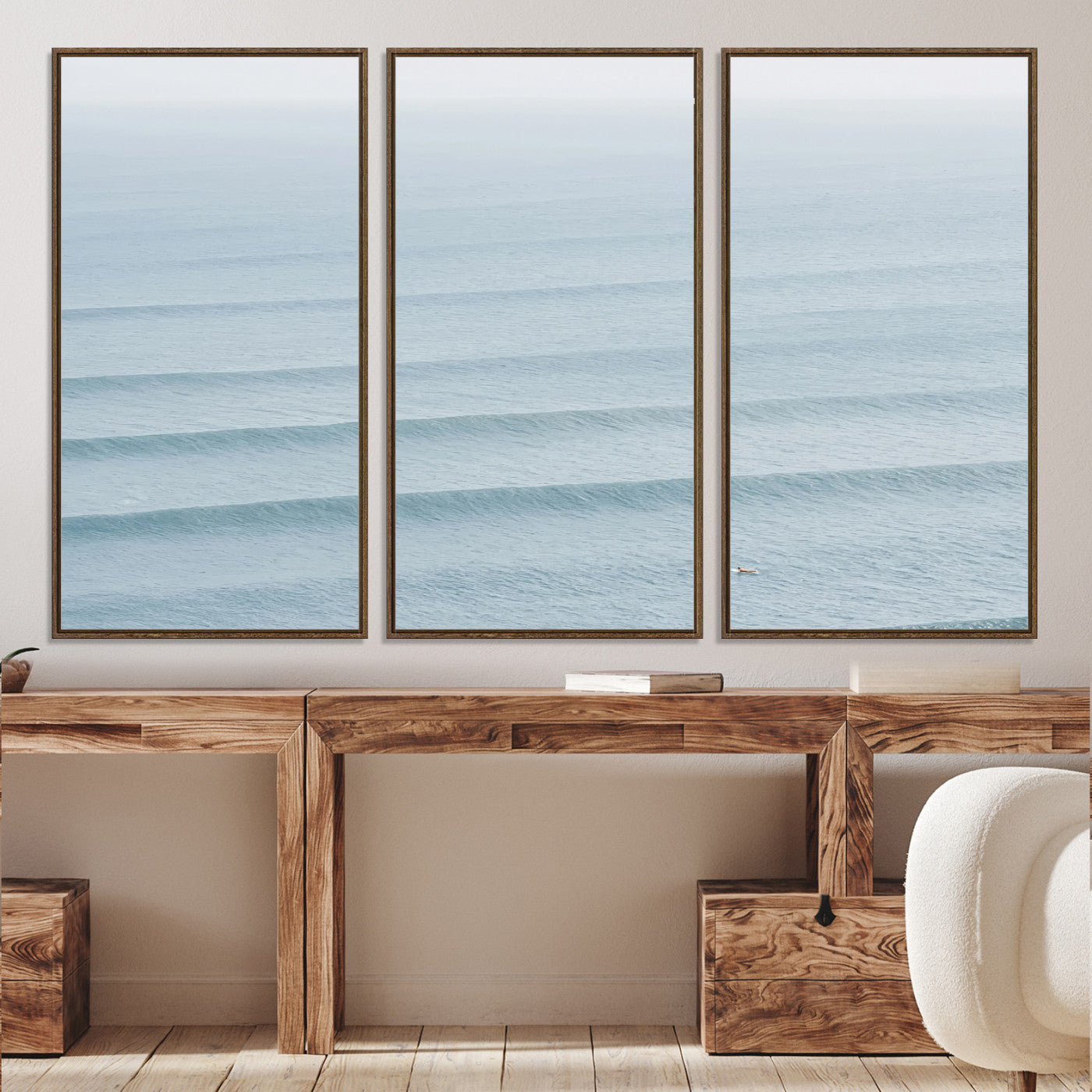 -Ocean Waves Wall Art Canvas Print, Framed Solo Surfer Art Picture Print, Wave Lines Perfect