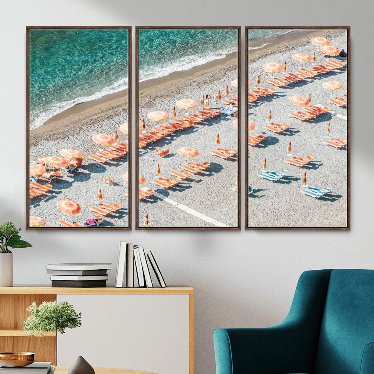 27805351-MGV-CV-36X24 - Beach Umbrellas Wall Art – Orange Loungers & Turquoise Water Canvas Print, Sandy Shore and Summer Vibes