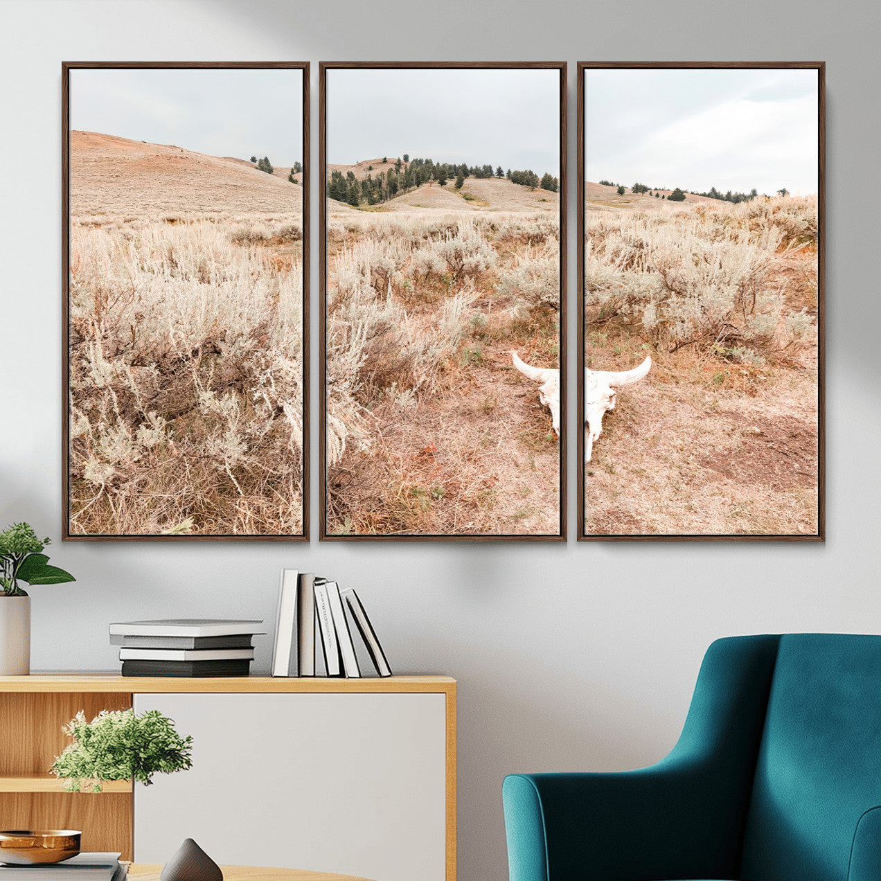 97234735-MGV-CV-36X24 - Desert Skull Wall Art – Arid Landscape & Sagebrush Canvas Print, Rustic Nature and Earth Tones for Living Room or Minimalist Decor