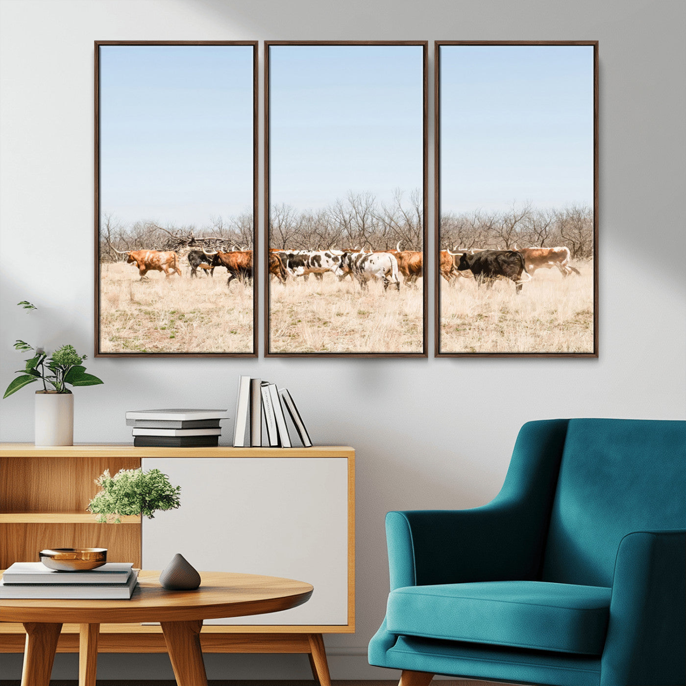 16563092-MGV-CV-36X24-Texas Longhorns Wall Art Canvas Print – Framed Western Cattle Rustic Herd Farmhouse Country Animal Artwork for Home Office