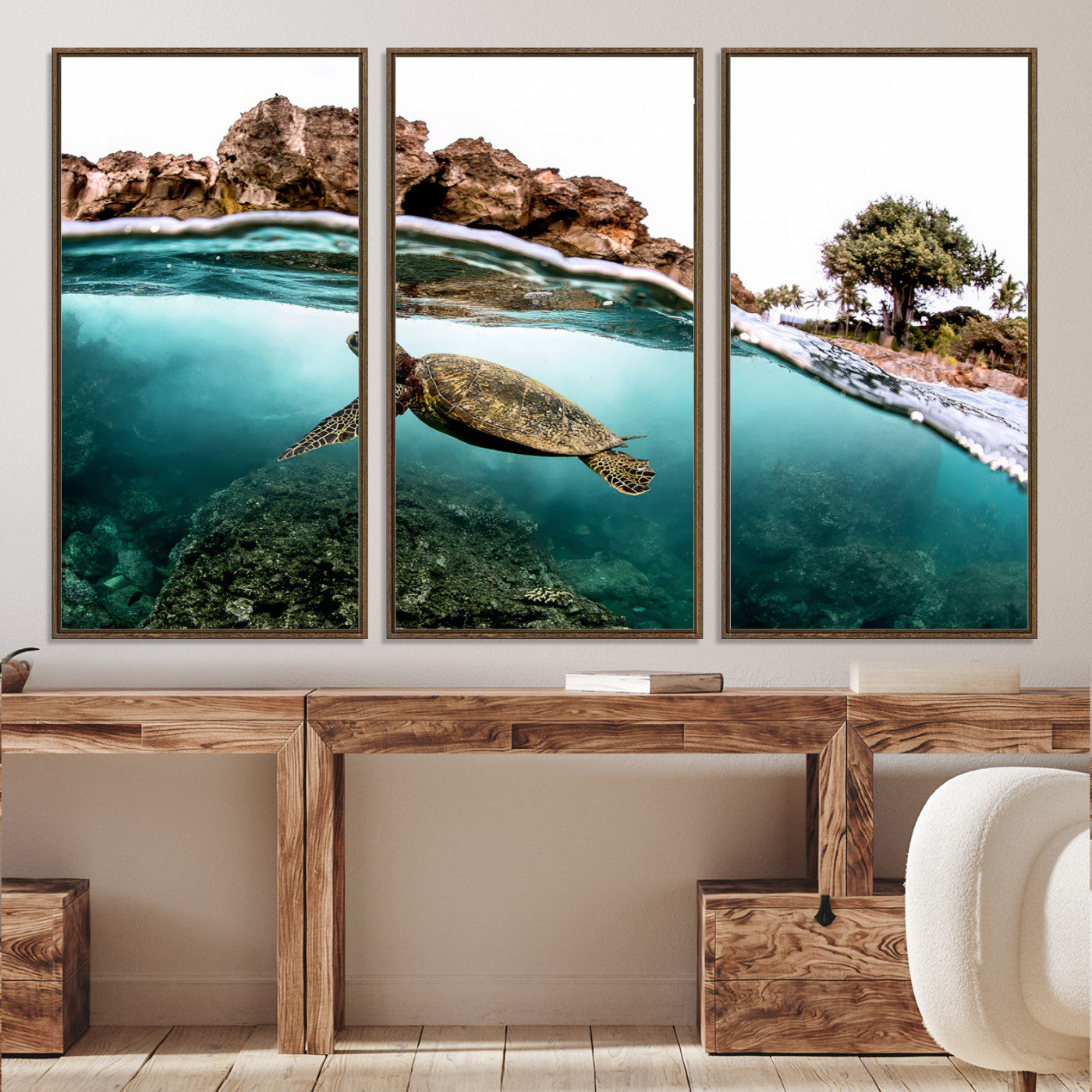 -Sea Turtle Wall Art Canvas Print, Framed Ocean Life Art Picture Print, Tropical Perfect Coastal