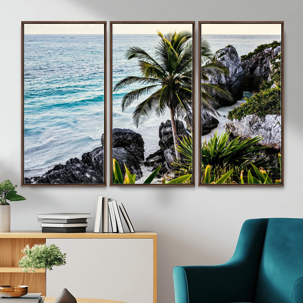 94669907-MGV-CV-36X24 - Tropical Palm Wall Art – Coastal Rocks Canvas Print, Ocean Breeze, Sandy Shore, Vibrant Green Foliage for Living Room or Beach House Decor