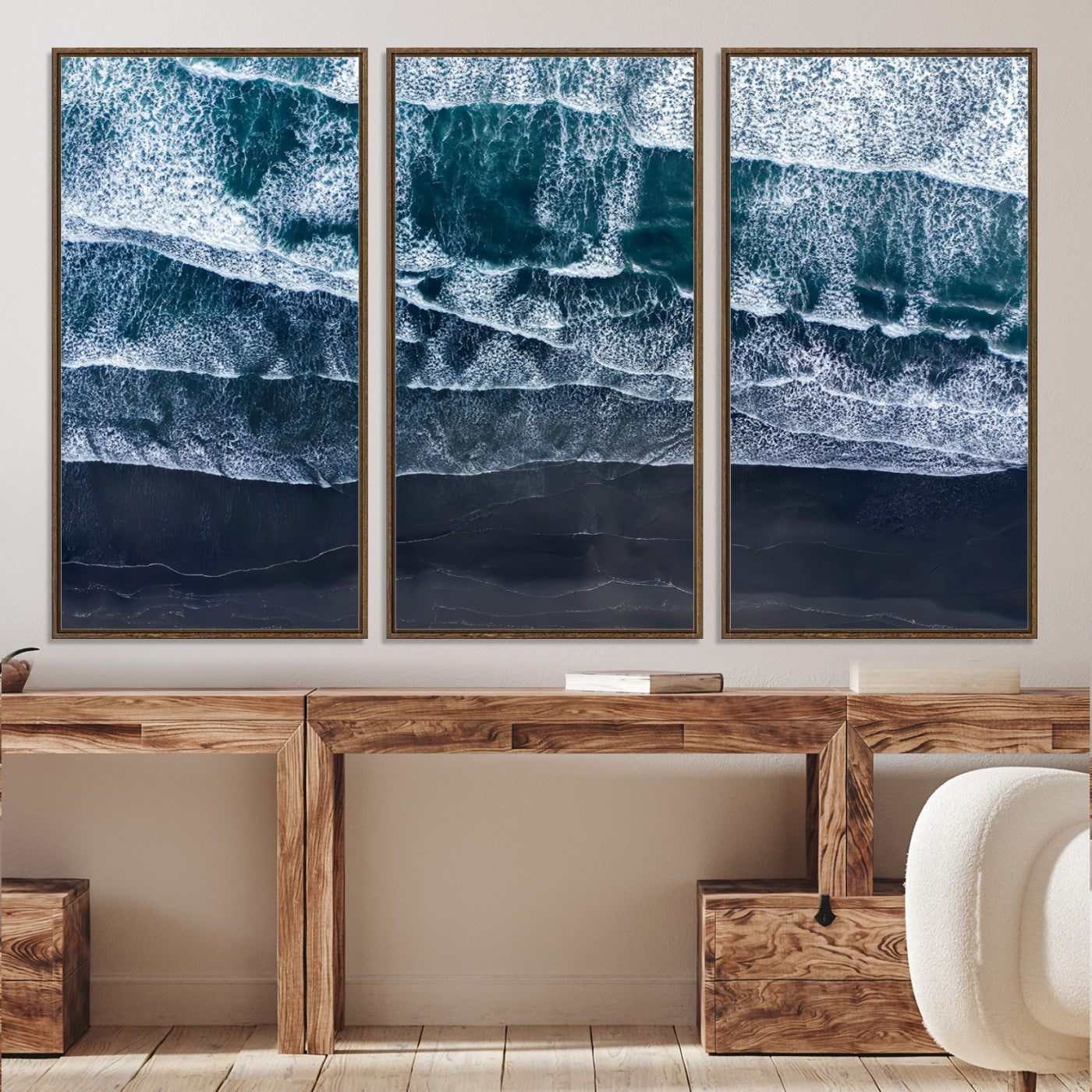 87941475-MGV-CV-36X24-Black Beach Wall Art Canvas Print – Framed Aerial Ocean View Moody Coastal Seascape Nature Artwork for Home Office