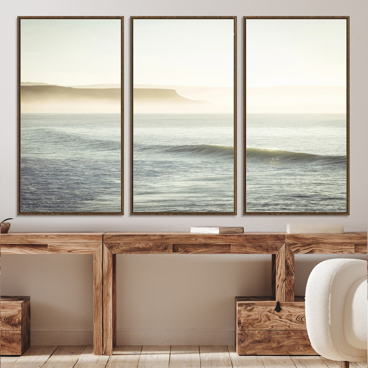 -Coastal Cliffs Wall Art Canvas Print, Framed Misty Ocean Art Picture Print, Soft Morning Perfect