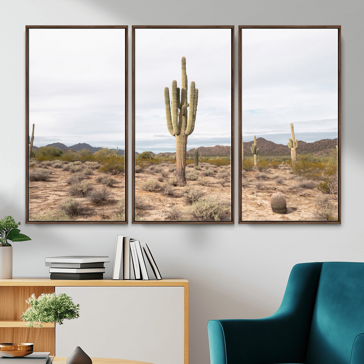 MGV-FC-48X32-3P - Saguaro Cactus Wall Art Canvas Print, Framed Desert Cactus Art Picture Print, Earthy Desert Perfect Southwestern Boho Decor Artwork