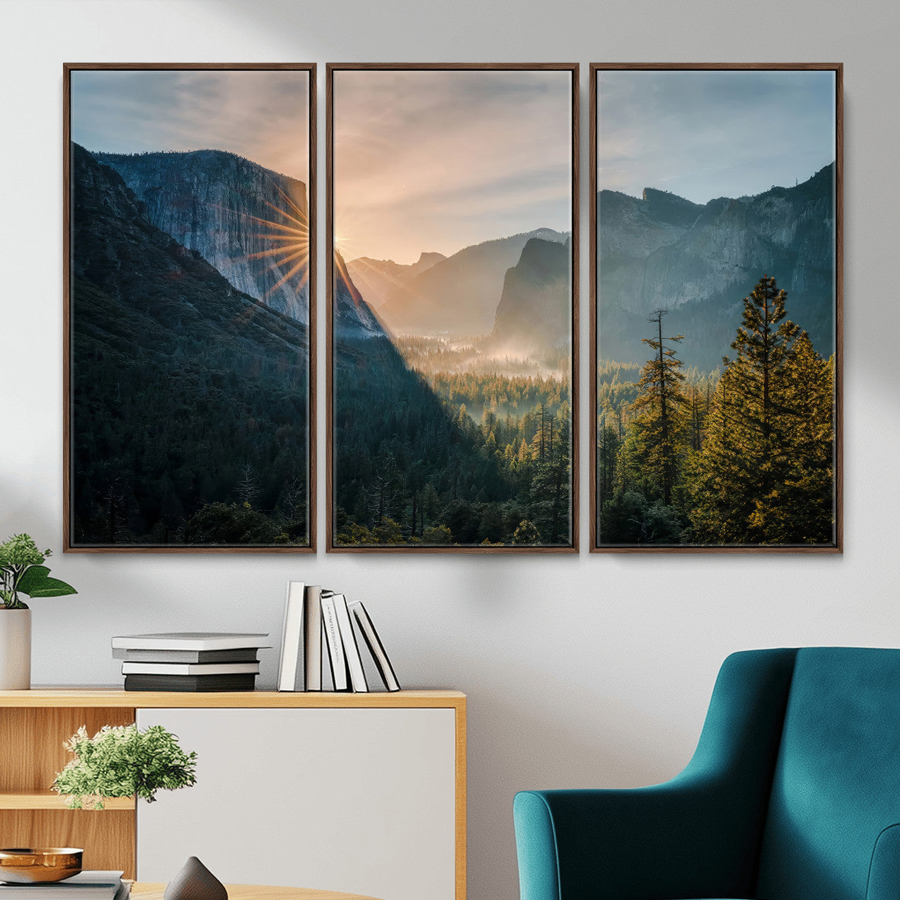 51605481-MGV-CV-36X24 - Yosemite Valley Wall Art – Misty Forest Peaks Canvas Print, Radiant Light, Tranquil Nature Landscape for Living Room or Cabin Decor