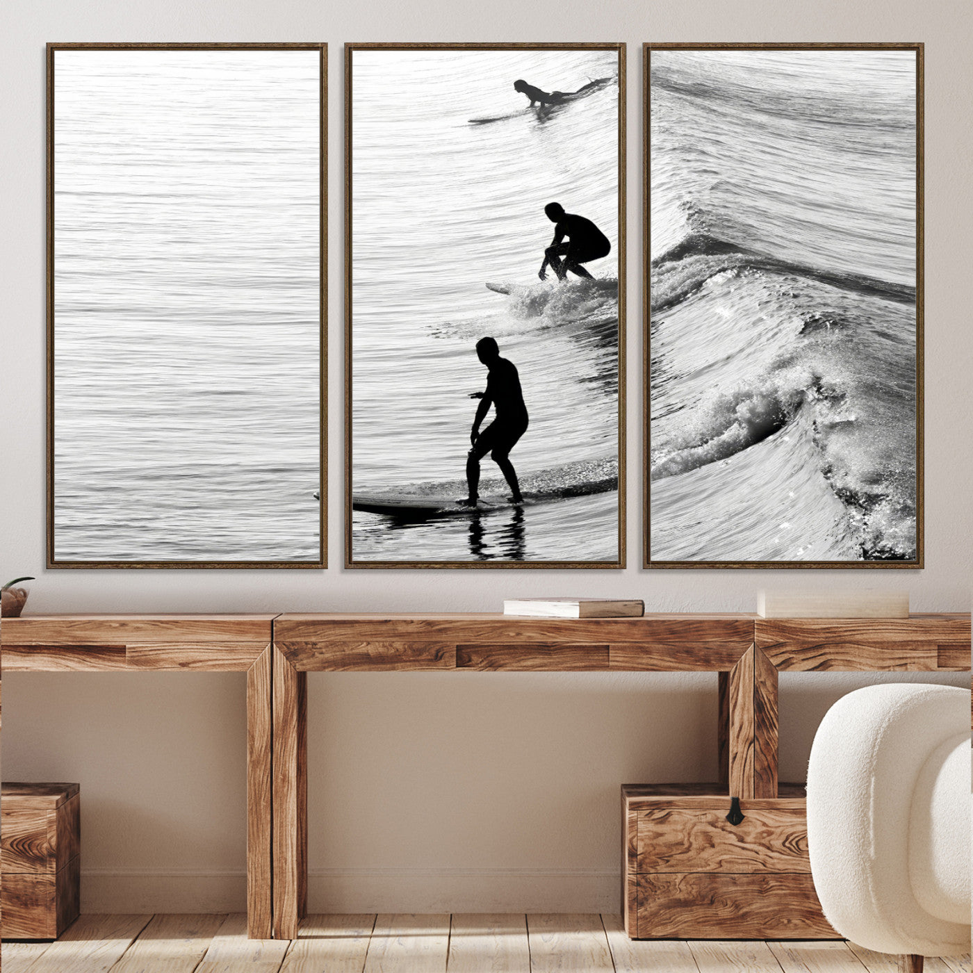 -Surfers on Waves Wall Art Canvas Print, Framed Black White Surf Art Picture Print, Monochrome Ocean