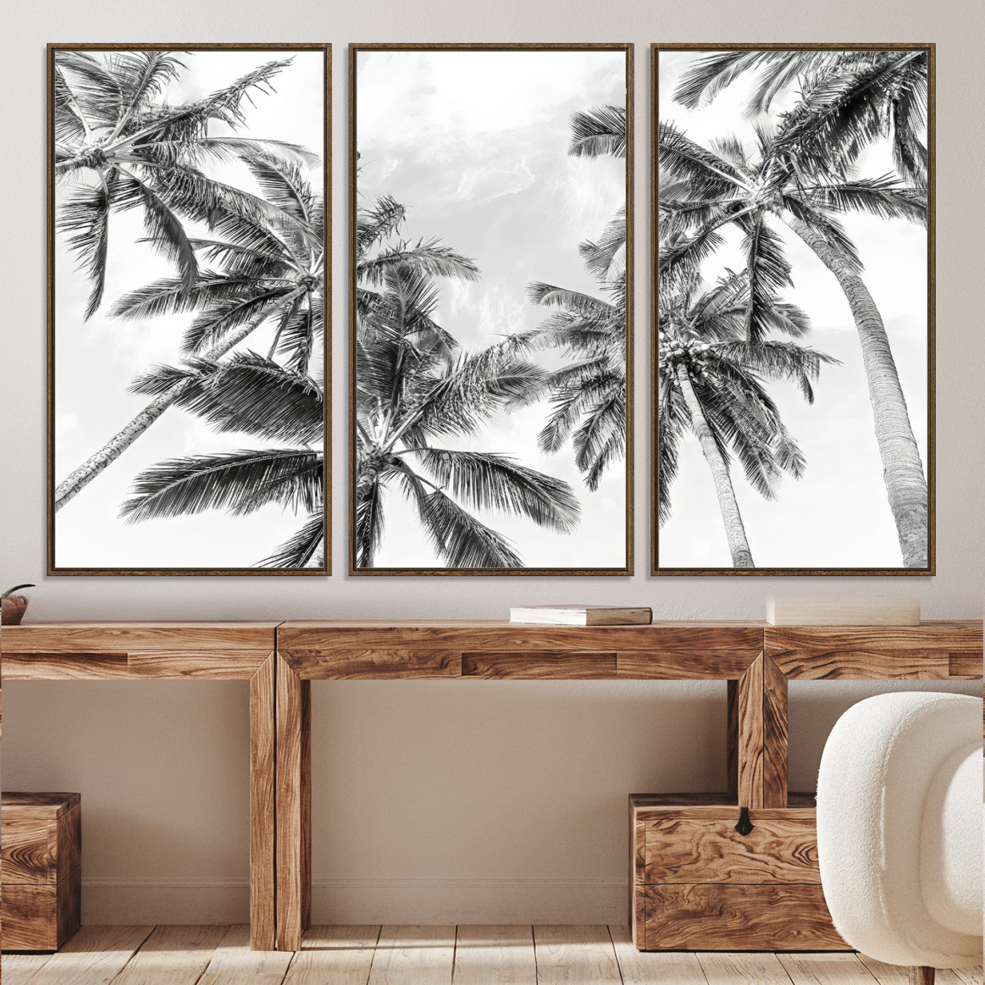 62113786-MGV-CV-36X24-Black and White Palm Wall Art Canvas Print – Framed Monochrome Tropical Beach Scene Artwork for Modern Home, Office Decor