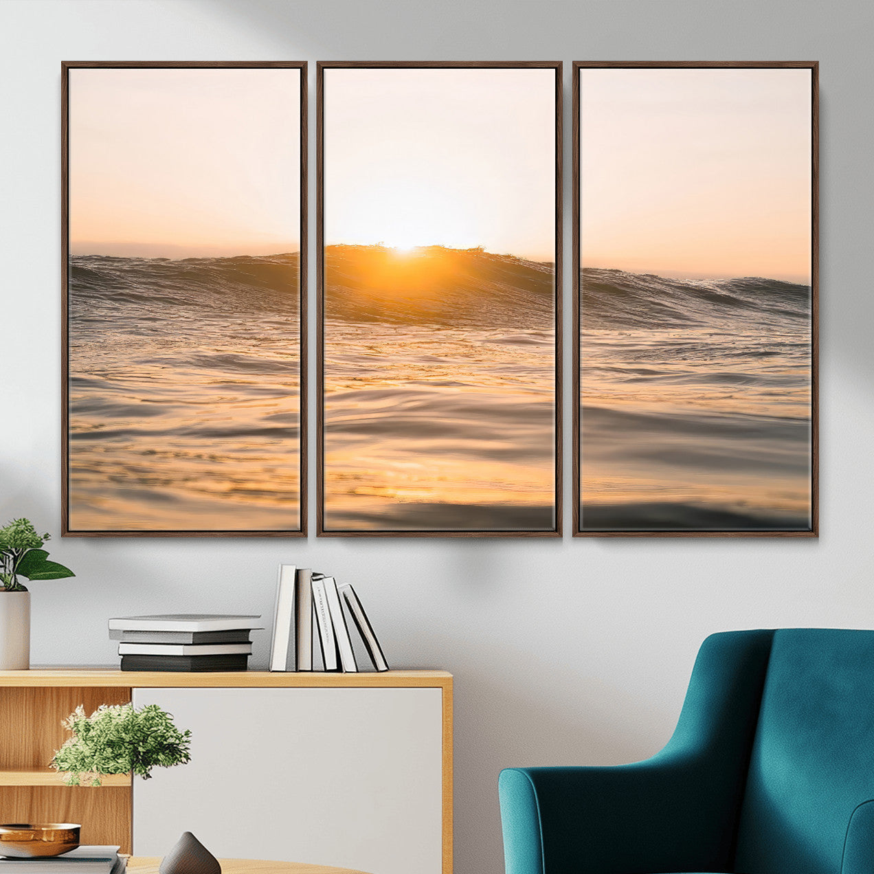 16973771-MGV-CV-36X24-Calm Water Wall Art – Framed Sunset Waves Canvas Artwork, Coastal Warm Design, Minimal Ocean Decor for Home, Office