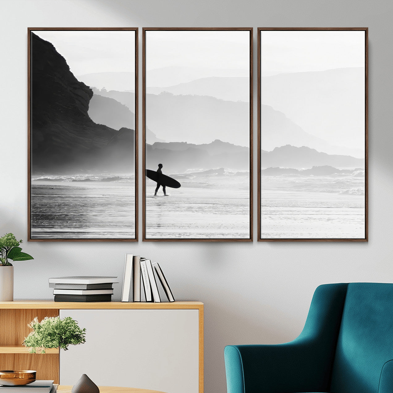 MGV-FC-48X32-3P - Surfer In Fog Wall Art Canvas Print, Framed Moody Shoreline Art Picture Print, Cliffside Waves Perfect Minimalist Coastal Decor Artwork