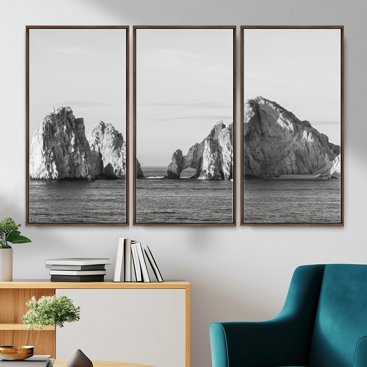 MGV-FC-48X32-3P - Rugged Coastline Wall Art Canvas Print, Framed Ocean Cliffs Art Picture Print, Monochrome Seascape Perfect Coastal Minimalist Decor Artwork