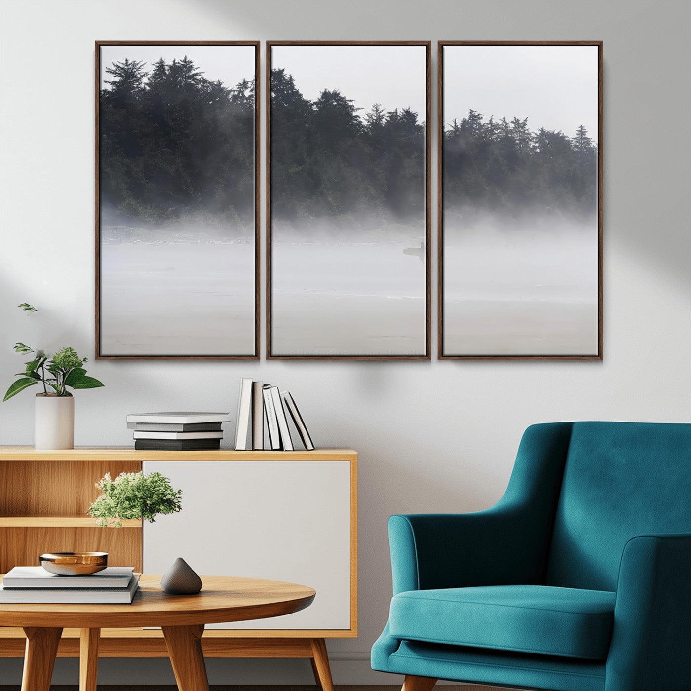 59703275-MGV-FC-48X32-3P_Walnut-Surfer Fog Wall Art Canvas Print – Framed Foggy Beach Scene with Coastal Surf Artwork for Home, Office, Living Room