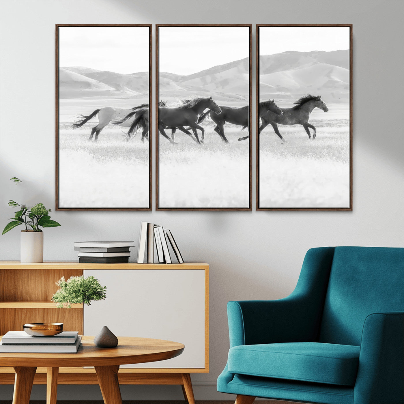 MGV-FC-48X32-3P - Wild Horses Wall Art – Black & White Canvas Print of Herd Running, Nature in Motion, Freedom & Beauty Decor for Guest Room, Office or Living Room