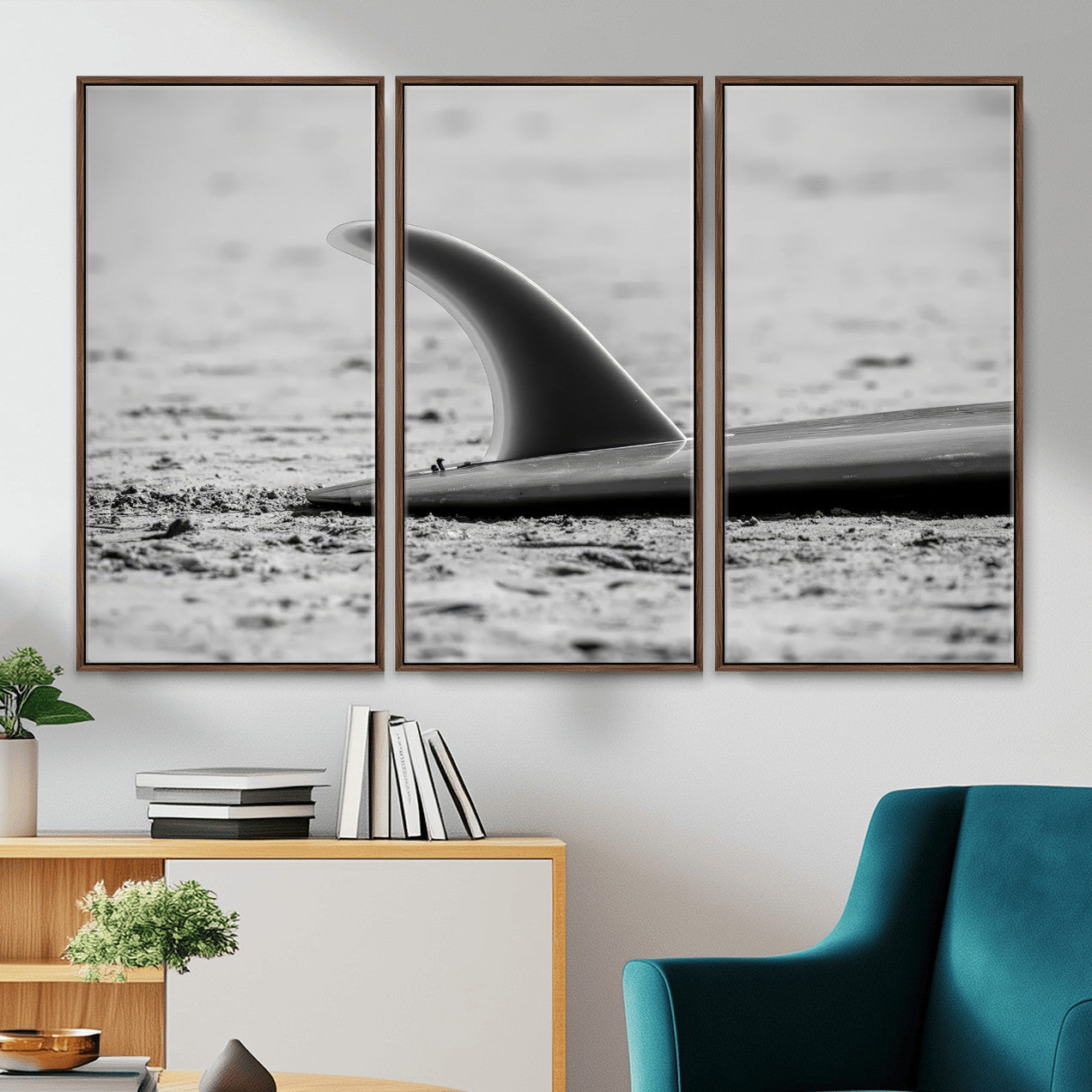 MGV-FC-48X32-3P - Black White Surfboard Wall Art Canvas Print, Framed Minimalist Beach Art Picture Print, Surf Fin Perfect Minimalist Coastal Decor Artwork