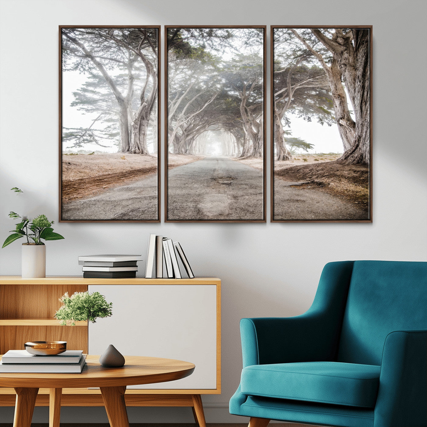 87090469-MGV-CV-36X24-Cypress Tunnel Wall Art – Framed Misty Road Canvas Artwork, Foggy Trees Design, Rustic Woodland Nature Decor for Home, Office