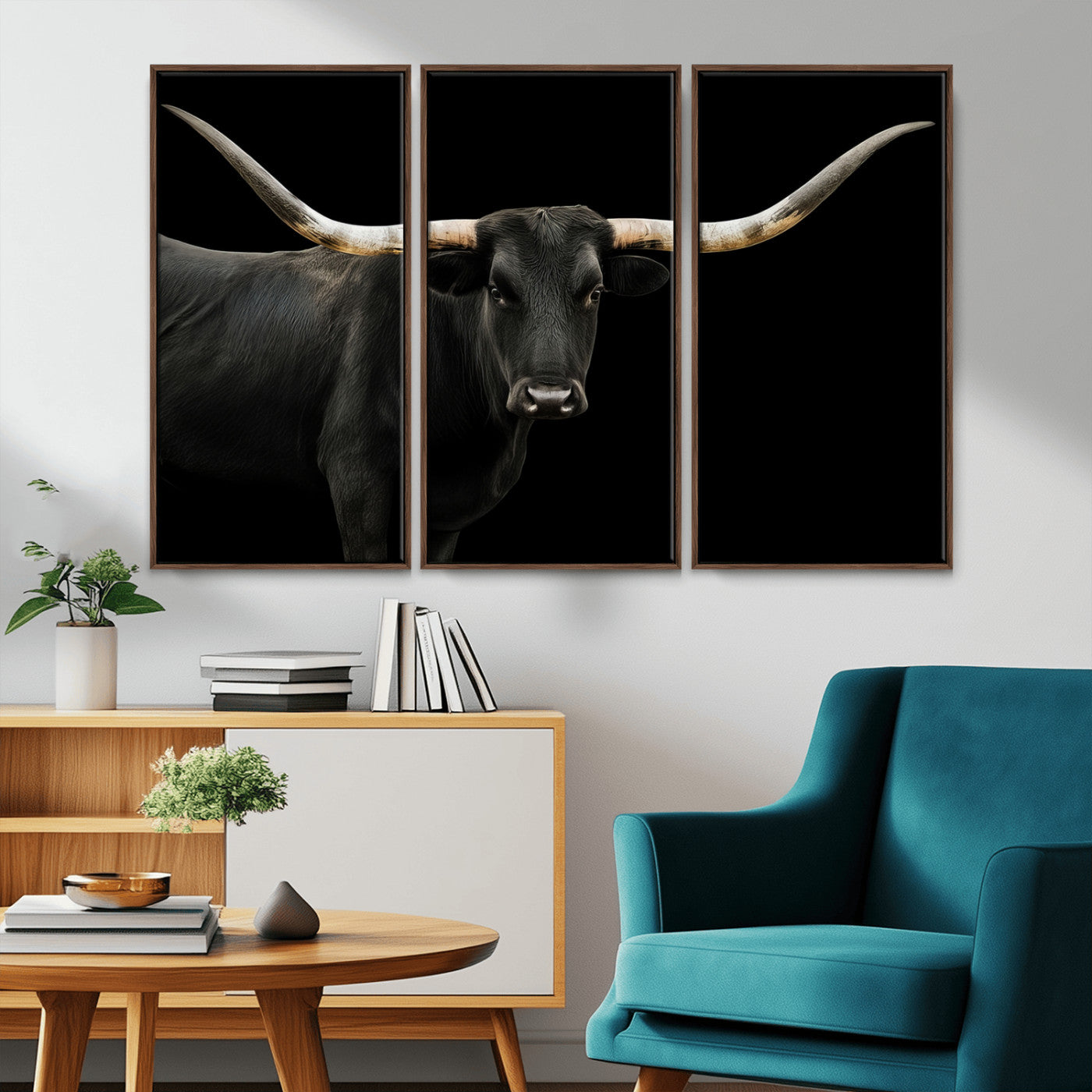 99448328-MGV-CV-36X24-Longhorn Cattle Wall Art Canvas Print – Framed Texas Ranch Scene with Western Cow Artwork for Home, Office, Living Room