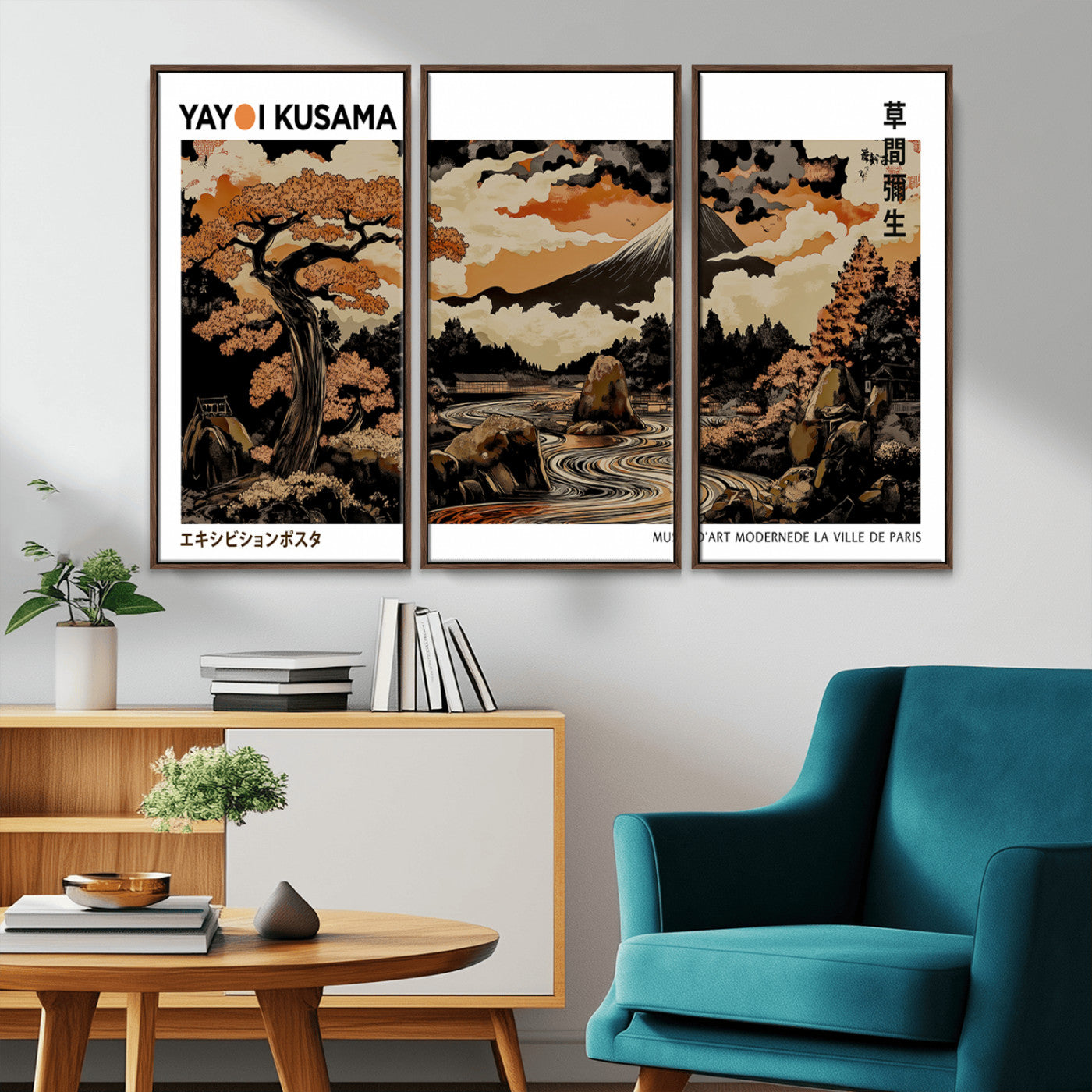 96372548-MGV-CV-36X24-Modern Japanese Wall Art Canvas Print – Framed Abstract Mount Fuji Scene with Yayoi Kusama Style Artwork for Home, Office