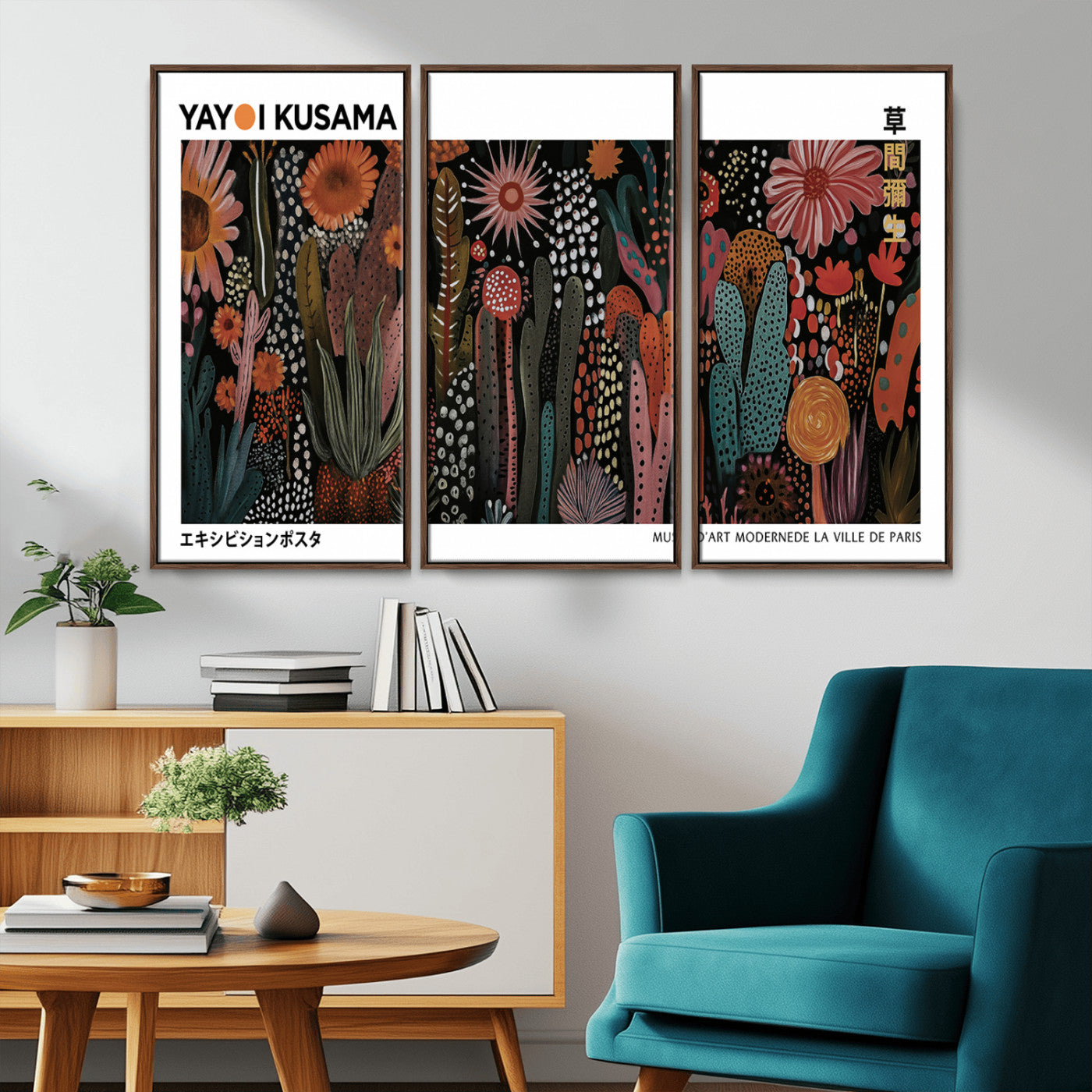 70632622-MGV-CV-36X24-Modern Japanese Wall Art Canvas Print – Framed Abstract Mount Fuji Scene with Yayoi Kusama Artwork for Home, Office