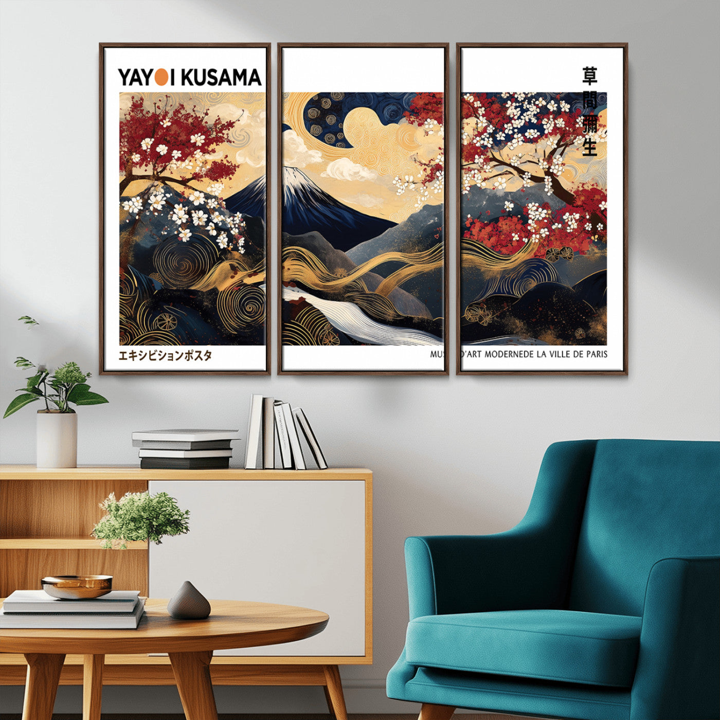 66243961-MGV-CV-36X24-Modern Mount Fuji Wall Art Canvas Print – Framed Abstract Mount Fuji Scene with Yayoi Kusama Artwork for Home, Office
