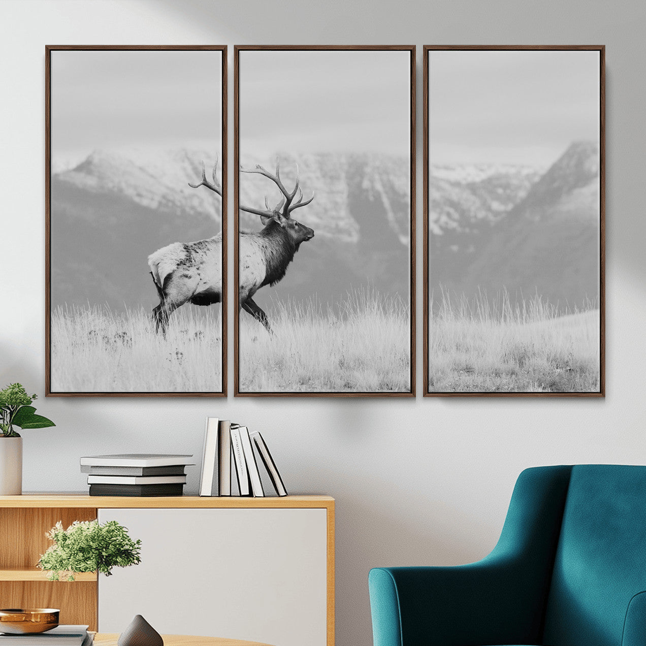36150391-MGV-FC-48X32-3P - Wall Art Canvas Print – Majestic Elk Black & White Wilderness, Scenic Mountain and Grassland Landscape, Wildlife Nature Decor for Home or Office